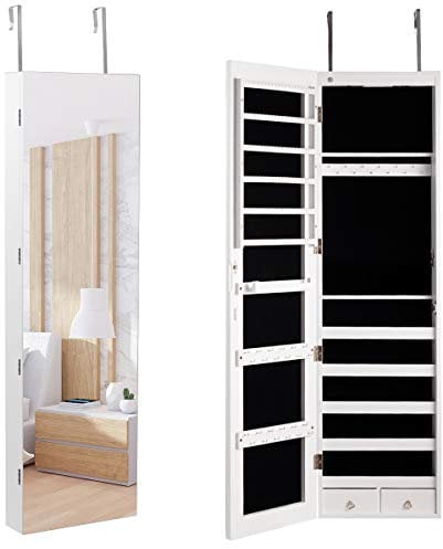 COSTWAY Armoire à Bijoux Mural avec Miroir et Lumière LED Armoire de Rangement Accrochée à La Porte 120 x 36 x 10 cm (Blanc)