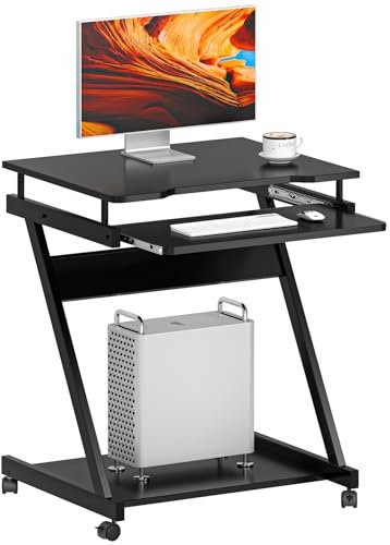 sogesfurniture mobiler Computertisch Schreibtisch in Z-Form, platzsparender PC Laptop Tisch Bürotisch mit 4 Rollen, leichtgängiger Tastaturauszug, Schwarz