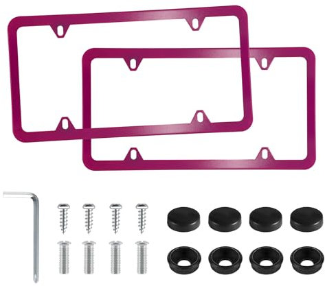 LivTee 4 Löcher Edelstahl Kennzeichenrahmen 2 Stück Auto Kennzeichenabdeckungen Slim Design mit Schrauben Unterlegscheiben Kappen für US-Fahrzeuge, Pink