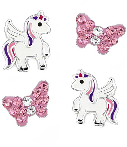 FIVE-D 2 Paar Kinderohrringe Einhorn und Blume 925 Silber (Einhorn Lila-Schmetterling)