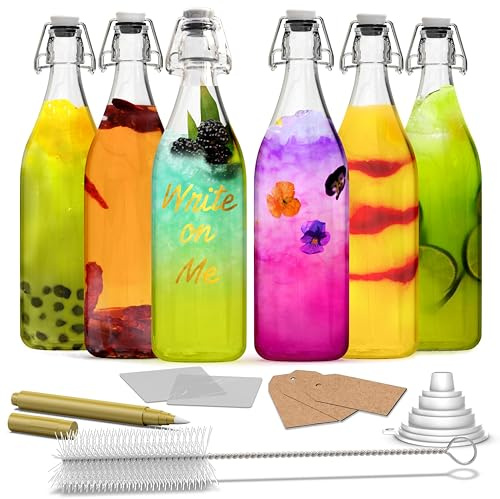 Nevlers 33 Oz Swing Top Glass Bottles with Stoppers | Flip Top Glass Bottle with Lid 6 Pack | 1 Liter Resealable Beer, Dressing, Kombucha or Simple Syrup Bottles with Lids | Clear Wine Bottle Set