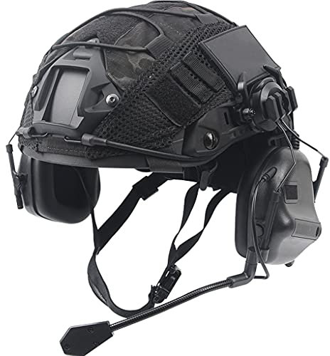 Fast Helm Set, Army Kampf Zubehör mit Tactical Headset und Helmüberzug, für Airsoft Paintball Outdoor Jagd,Schwarz,M