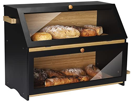 HOMEKOKO Caja de pan doble de gran tamaño, caja de pan extragrande de dos capas para encimera de cocina, contenedor de almacenamiento de pan de madera de gran capacidad con tabla de cortar (negro)