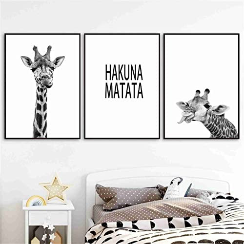 BDHcdfAJGf Schwarz-weiß Giraffe Leinwand Malerei Poster und Drucke Kinderzimmer Wandkunst Hakuna Matata Nordic Bilder Baby Kinderzimmer Dekor 30x50cmx3 Ungerahmt