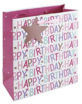 Eurowrap Happy Birthday Girl Pink Occasions Gift Bag with Star Tag Medium Size