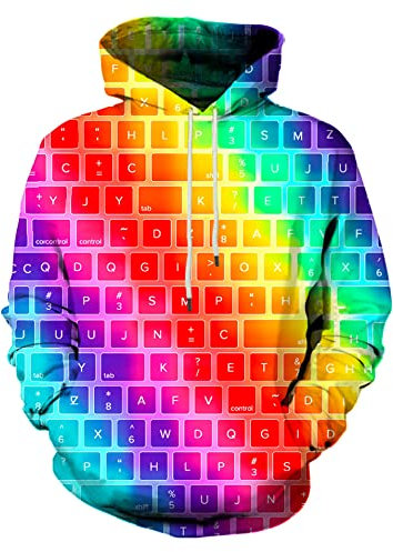 Neemanndy Uni Kapuzenpullover mit buntem Grafik, 3D-Druck, cooles Design, mit Tasche, für Damen und Herren, Bunte Tastatur, X-Large