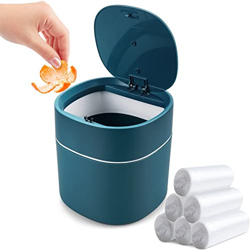 Mini-Schreibtisch-Mülleimer mit Deckel mit Müllbeuteln, 180 Stück, Press-Top, 0,5 Liter, winziger Abfallkorb, kleine Tischplatte, mit Kunststoffbezug für Schreibtischplatte (blau)