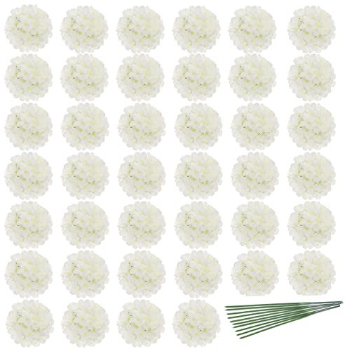 JPSOR 40pcs Artificial Hydrangea Silk Flower Heads with Stems, Fake Flowers for Mothers Day Wedding Centerpiece Home Garden Party Decoration (White)