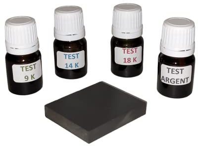 38 € porto offerto Kit 4 flaconi per spatola test tester per oro 9 K, 14 K, 18 K e argento pronto all'uso con pietra di tocco + istruzioni incluse