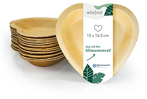 wisefood Lot de 25 bols jetables en forme de cœur - 15 x 16,5 cm - Vaisselle en feuille de palmier biodégradable - Vaisselle de fête compostable - Vaisselle jetable - Bol de service