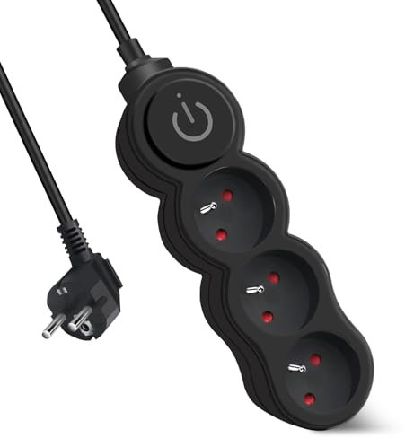 EXTRASTAR Bloc Multiprises 3 Prises avec Interrupteur, Rallonge 1,5 m 250 V avec sécurité Enfant, Noir