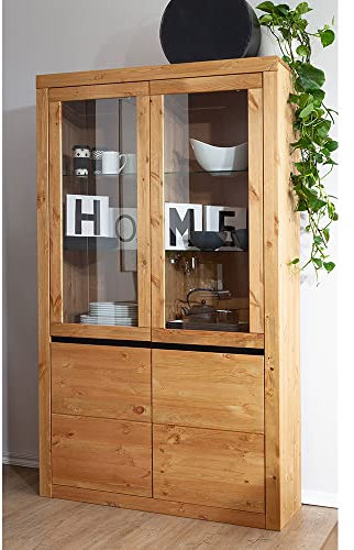 Lomadox Vitrinenschrank Vitrine Standvitrine Schrank 2 Türen Massivholz Kiefer massiv eichefarbig 110,5 x 190 x 42 cm
