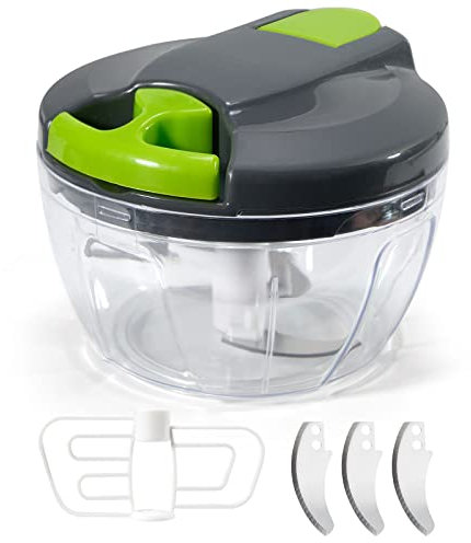 Picadora Manual, Cortador de cebolla manual, Picadora con cuerda, 3 cuchillas adicionales, Contenedor de ABS, Mini Multitrituradora de Cocina Universal para Verduras, Hierbas, Carne