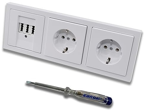 Busch Jäger Set: Unterputz Telefondose von EBROM, TAE 3x6 NFN für 1 Telefon und 2 Zusatzgeräte in Future Linear Studioweiß, Rahmen und 2x Steckdose 20EUC-84 + EBROM Phasenprüfer zur Montage d. Geräte