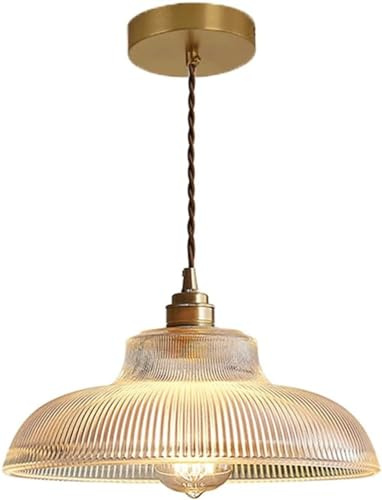 Hertl Lampe à suspension vintage en laiton avec abat-jour en verre rayé, lampe de chevet industrielle, luminaire E27, lustre de ferme antique, lampes à suspension minimalistes japonaises