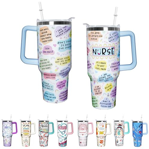 armdgodx Trinkbecher für Schule, Krankenschwestern, Geschenke für Frauen, mit Griff, Geschenke für Krankenschwestern, doppelt isoliert, Edelstahl, Reise-Kaffeetasse mit Deckel und Strohhalm, 1,2 l