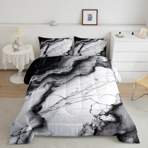 Bettdecken-Set mit Marmor-Druck, volle Größe, Marmorierung, abstrakte Steinstruktur, für Jungen und Mädchen, Erwachsene, Raumdekoration, Kunstwerke im chinesischen Stil, Daunendecke, schwarz, weiß,