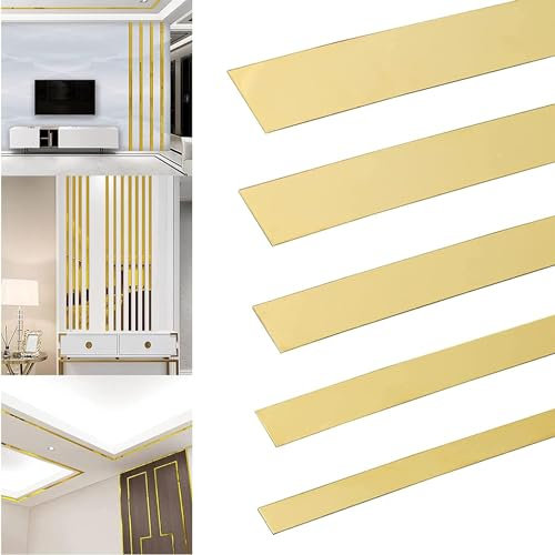 5M Zierleisten Selbstklebend Stuckleisten Edelstahl Deckenleisten, Gold Spiegelstreifen Selbstklebend Wandleiste für Wand, Spiegel, Decke, Möbeldekor (Gold, 5cm)