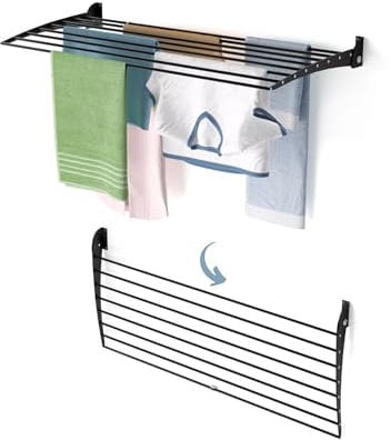 Foxydry Fold Down, Wäscheständer zur Wandmontage, vertikal, zusammenklappbar, für Innen und Außen, aus Aluminium und Stahl 118x50x50 cm (Schwarz, 118 cm)