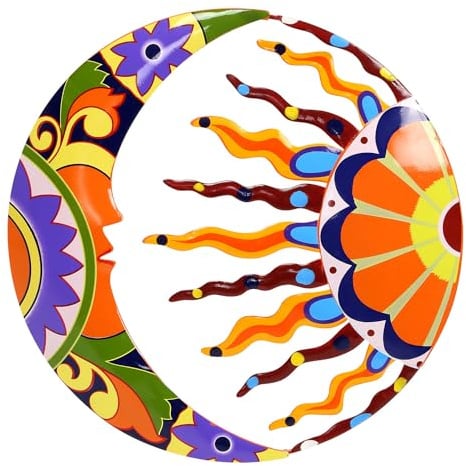 Taylor & Brown Metal Sun and Moon Wall Art Décor, Colourful Handcrafted Mexican Talavera celestial Wall Sculptures Hanging for Indoor Outdoor Living Room, Garden, Patio