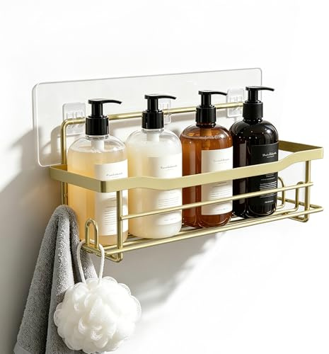 BATHDESIGN Shower Caddy Organizer, Single Pack, Shelves for Shampoo Soap, Waterproof Adhesive Holder, No Drilling, Wall Mounted Self, Matte Gold