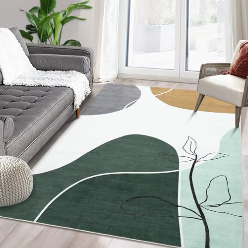 Yeeffia Grand tapis moderne lavable pour salon, chambre à coucher, cuisine, chambre d'enfant, motif botanique, minimaliste, 160 x 230 cm, vert