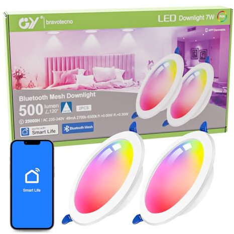 GY Downlight LED Techo Empotrable Inteligente Bluetooth Mesh, 7W 500LM RGB y 2700K-6500K Regulable, Focos Led Interior Techo IP44, Corte 100-110mm, Compatible con Smart Life, TUYA(2 Unidad)
