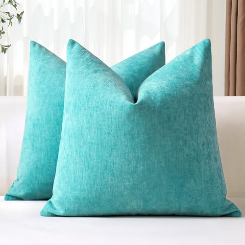 JOTOM 2er Set Chenille Kissenbezüge, Dekorative Weich Einfarbig Wurf Kissenbezug Moderne Kissenhüllen Sofakissen Dekokissen Zierkissenbezug für Wohnzimmer Schlafzimmer Deko (45x45cm, Türkis)