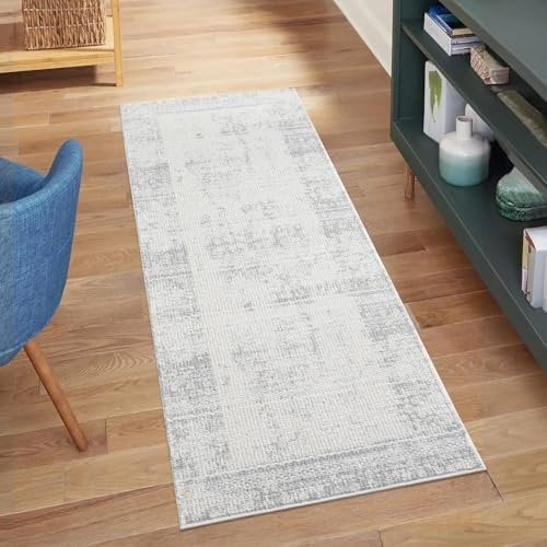 carpet city Teppich Läufer Flur - Grau - 80x300 cm - Klassisch Modern - Vintage, Bordüre - Teppiche Kurzflor Schlafzimmer, Wohnzimmer