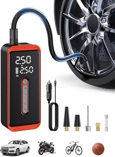 ROTOPATA Electric Tire Inflator Air Compressor 12V DC, 150PSI Rechargeable Cordless Portable Air Pump with LED Light & Digital Pressure Gauge for Car Bike Motorcycle Wheel Ball (Red)