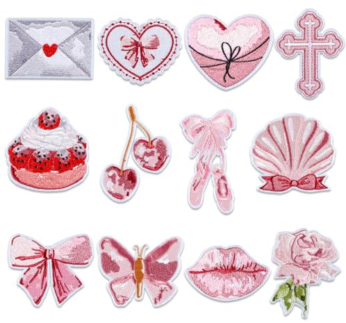 12PCS Pink Bowcore Iron on Patches,Vintage Aesthetic Ballet Style Butterfly Lip Cherry Rose Cross Cake Embroidered Applique Patches,Sew on Repair Patches and Badges, Fabric Repair Patches for Clothes