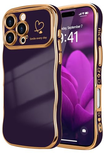 LCHULLE for iPhone 16 Pro Max Case for Women Girls,Cute Curly Wave Frame Shape Love Heart Pattern Phone Case,Raised Camera Protection Plating Shockproof Cover for iPhone 16 Pro Max 6.9,Dark Purple