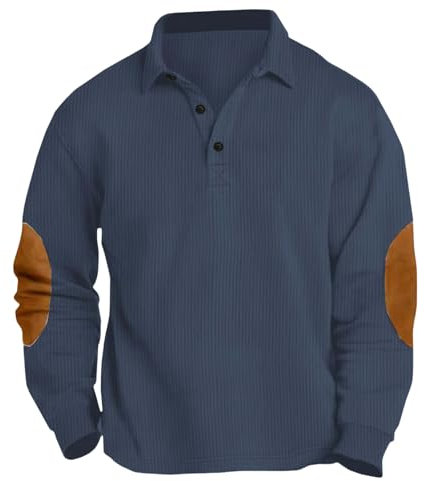 Mens V Neck Corduroy Jumper with Collar Mock Shirt Jumper UK Sale Clearance Regular Fit Button Up V Neck Henley Sweatshirts Pullover Sweat Tops Long Sleeve Winter Sweaters with Elbow Patches Navy