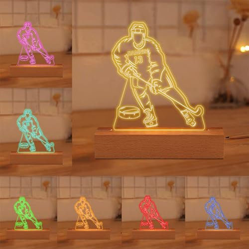 MYZQIFF Personalisierte Hockey Spieler 3D Illsuion Lampe für Jungen, kundenspezifische Namensnummer Dimmable Led Hockey Nachtlicht, Weihnachten Geburtstag Hockey Geschenke