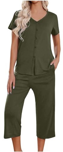 Pigiama Premaman Donna Pure Color 2 Abiti per Donna 2024 Estate Girocollo Manica Corta Top Pantaloni Sportivi Lunghi Tuta Casual Jogger Sets Camicia da Notte Donna Pigiama Donna Sexy (Green, L)