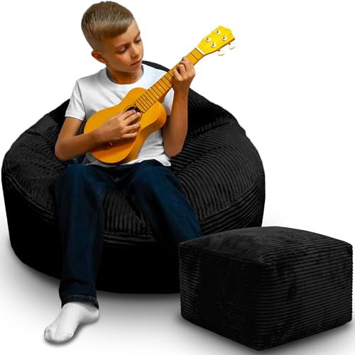 DreamRoots Sitzsack Erwachsene Cord oder Kinder - Bean Bag Sofa - Sitzsack Cord mit Hocker und Bezug - Sitzsäcke mit Füllung 70x70x70 cm Black Beauty