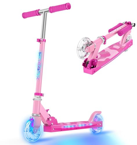 TONBUX Roller Kinder 6 Jahren, Kinder Roller mit Cool Beleuchteten Stangen, Rädern und Deck, 3-Stufig Höhenverstellbarer Kinderroller, Faltbarer Leichter Scooter Kinder von 5 bis 12 Jahren, Rosa