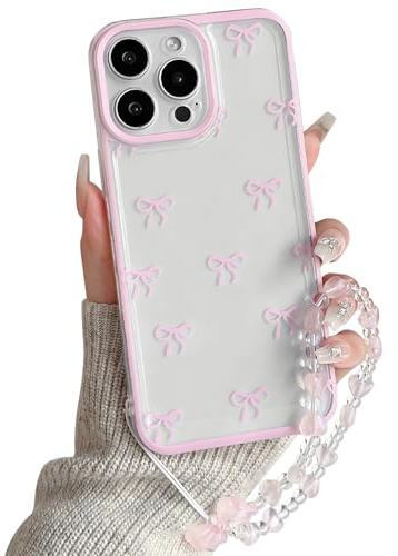 NITITOP for iPhone 13 Pro Case Cute Clear Bow Chain,Pink | for Women Girls, Aesthetic Bowknot Ribbon Design, with Wrist Strap, Soft TPU Shockproof Cover, Full Camera Protection