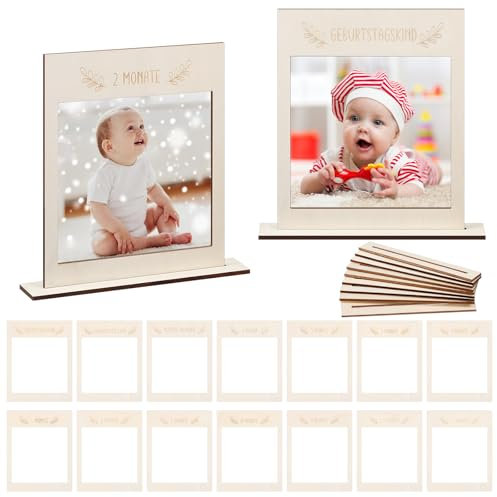 Namalu 14 Stück Bilderrahmen Baby Holz Erster Geburtstag Mädchen Jungen 1-12 Monate Baby Geschenk Geburtstagsdeko 1 Jahr Meilensteinkarten Babyparty Babyshower Geschenke für Werdende Mütter