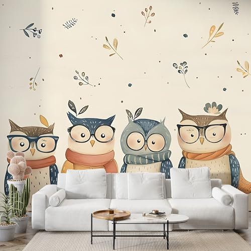 Selbstklebende Tapete Eule Karikatur Wandbilder, Vlies Fototapete mit Tier Motiv, 3D Effekt Wandtapete Deko, Abziehen & Aufkleben, 150x100 cm - S-836