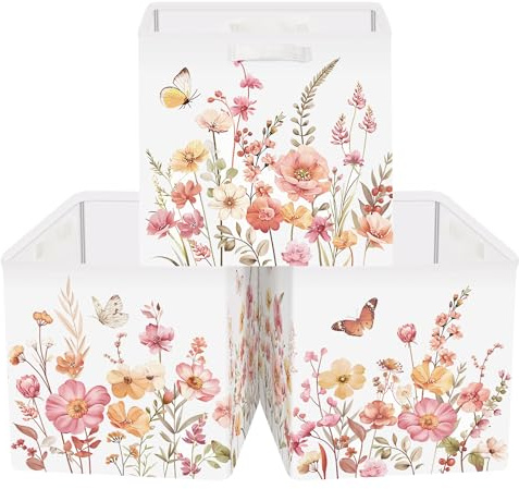 HUUMONSS 30cm Aufbewahrungsbox 3 Stück Wilde Blume Aufbewahrungskorb Kinder Falt Garten Schmetterling mit Griffen Aufbewahrungswürfel Organizer für Spielzeug Bücher Kleidung,Wildpflanzen