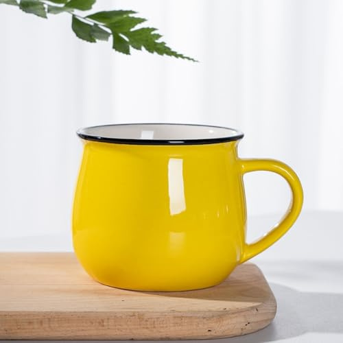 Farbige Kaffeetassen, Camping-Teetassen, Emaille-Kaffeetasse, Vintage, runde Emaille-Tasse (L, Gelb)