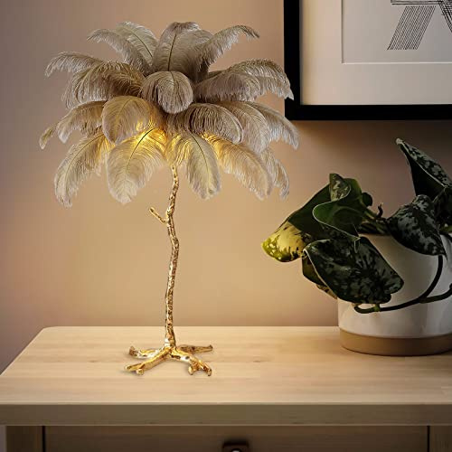 Table Lamp, Ostrich Feather Shade, Palm Tree Design, Elegant Lighting for Living Room Decoration, Home Decor, 80cm