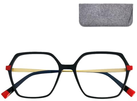 Mini Brille Oversize Blaulichtfilter Damen Sechseckig ohne Sehstärke mit große kratzfeste Gläsern, Etui, Leichten Kunststoff Brillengestell mit Metall Bügeln (Schwarz), Blaufilter ohne Dioptrien