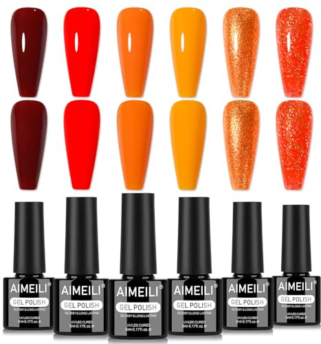 AIMEILI Fall Gel Nail Polish Set 6pcs, Cruelty Free, Vegan, Soak Off UV LED Gel Polish Burgundy Orange Red Nail Art Manicure for Women - Kit 106