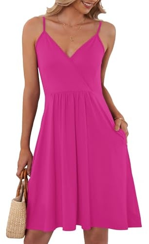 AUSELILY Robe élégante D'été Femme Bretelles sans Manches Robes Décontractée Courte Col en V avec Poches