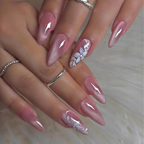 Auroriel 24 Stück Lange Mandel Form Fake Nägel Press On Nägel Mit Katzenaugen Glanz Blumen Muster Acryl Kunstnägel Für Damen Maniküre Party Look