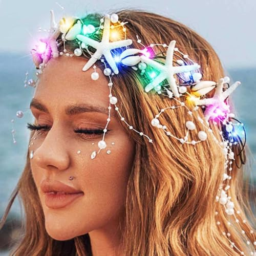 Zoestar Leuchtendes Seestern-Stirnband, LED-Perlen, Brautschmuck, Rebe, Muschel, Kopfschmuck, Strand, Hochzeit, Haarschmuck für Damen