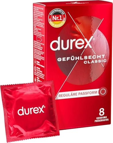 Durex Gefühlsecht Classic Kondome – Dünne Kondome mit anatomischer Easy-On-Form & mit Silikongleitgel befeuchtet – 8er Pack (1 x 8 Stück)