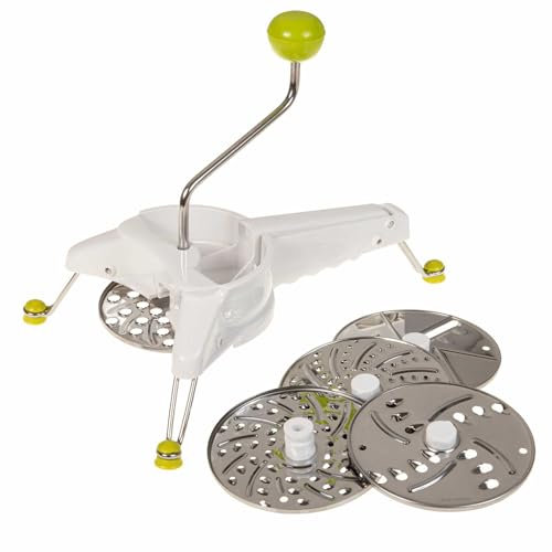 SIDCO Julienne Mühle - Gemüseschneider, Spiralschneider, Mouli Schneider - 7-teilig mit 5 austauschbaren Scheiben aus Metall - Reiben, Schneiden, Salate, Zucchininudeln - Weiß, Kunststoff, Metall